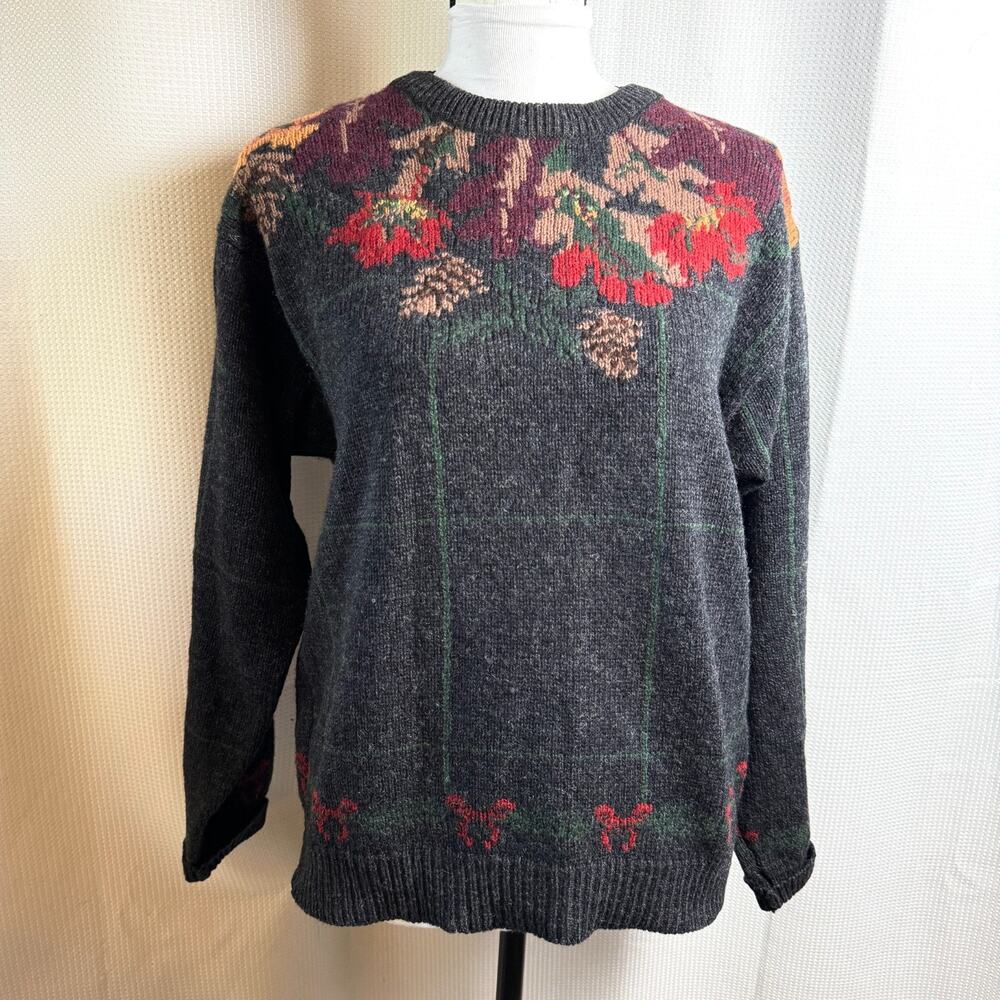 Vintage Woolrich Woman 100% Wool Sweater Sz L Fall Leaves Pine Cones 1990s EUC